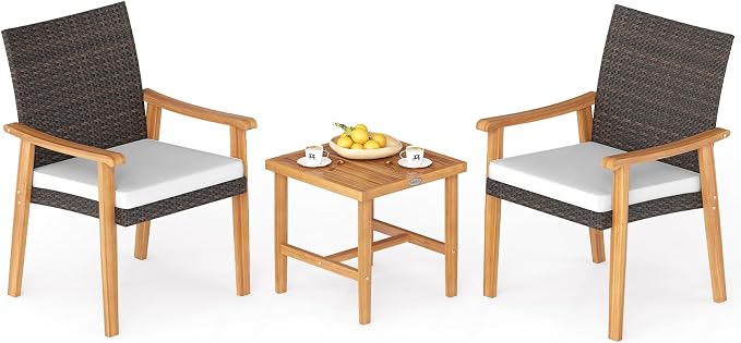 HAPPYGRILL 3 Piece Patio Furniture Set Acacia Wood Chair & Side Table Set with Rattan Seat & Back, Outdoor Wicker Bistro Conversation Set for Balcony, Porch, Backyard