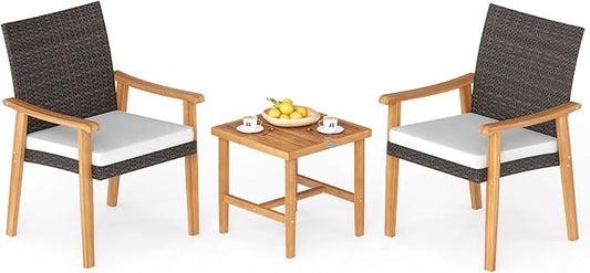 HAPPYGRILL 3 Piece Patio Furniture Set Acacia Wood Chair & Side Table Set with Rattan Seat & Back, Outdoor Wicker Bistro Conversation Set for Balcony, Porch, Backyard