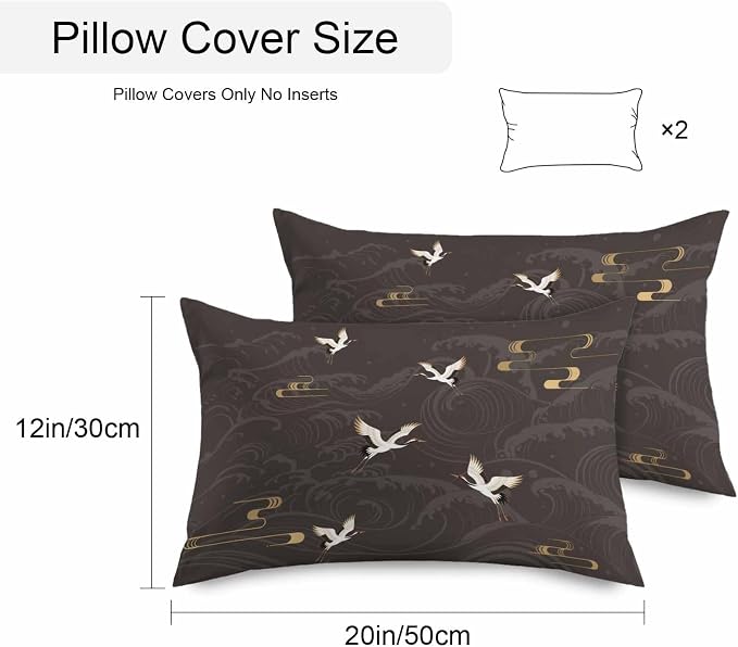 Japanese Style Outdoor Pillow Covers 20x12 Inch Lumbar Pillow Covers Set of 2 Waterproof Decorative Throw Pillow Cases Vintage Cranes Ocean Wave Black Grey Cushion Covers for Patio Furniture Garden