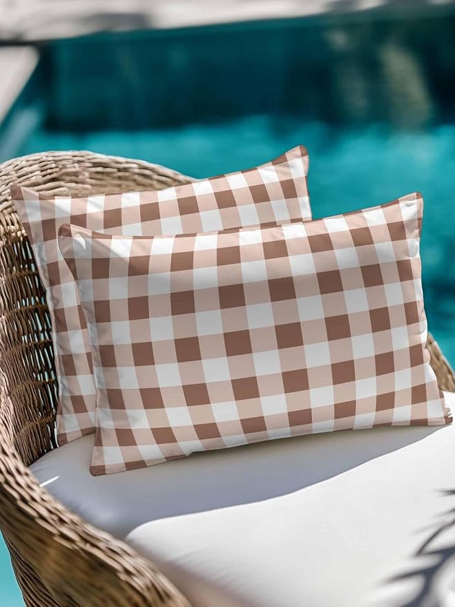 Waterproof Outdoor Pillow 1 Pack Brown Buffalo Plaid Decorative Throw Pillows Cover & Insert 20x12 Inch Lumbar Pillowcase Check Lines Pillows for Couch Sofa Bed Patio Furniture Indoor Outdoor
