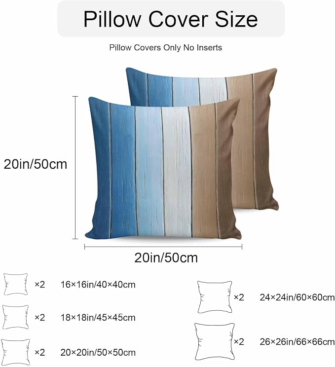 Throw Pillow Covers 20x20 Inch Set of 2, Blue Brown Waterproof Outdoor Cushion Covers, Gradient Wood Grain Farmhouse Country Decorative Pillowcases for Couch, Sofa, Bed, Garden, Patio