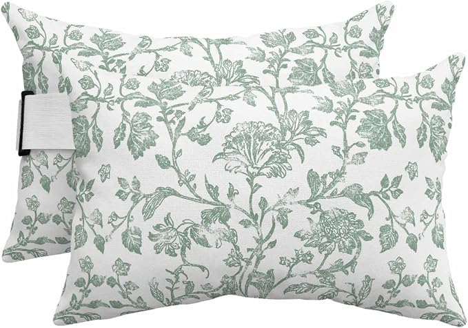 Pack of 4 Outdoor Lumbar Pillow Covers 11x16 Inch, Green Flower Waterproof Throw Pillow Covers Set, Farmhouse Vintage Boho Leaf Spring Indoor&Outdoor Decorative Cushion Cases for Patio Porch Beach