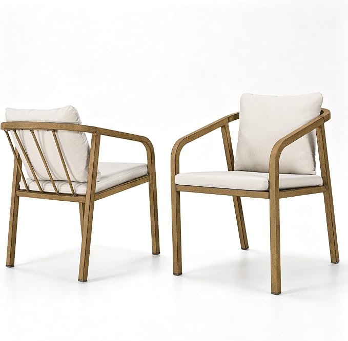 Never-Rust Aluminum Outdoor Dining Chairs Set of 2, Patio Dining Chairs with Thick Cushion, Outdoor Patio Chairs with Wraparound Backrest and Curved Armrest for Backyard, Lawn, Deck, Teak