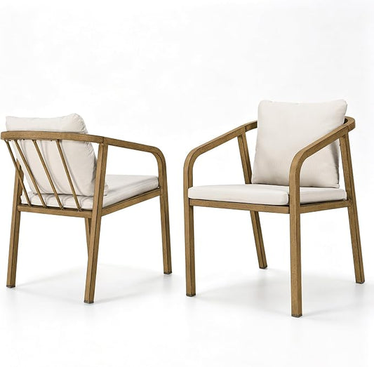 Never-Rust Aluminum Outdoor Dining Chairs Set of 2, Patio Dining Chairs with Thick Cushion, Outdoor Patio Chairs with Wraparound Backrest and Curved Armrest for Backyard, Lawn, Deck, Teak
