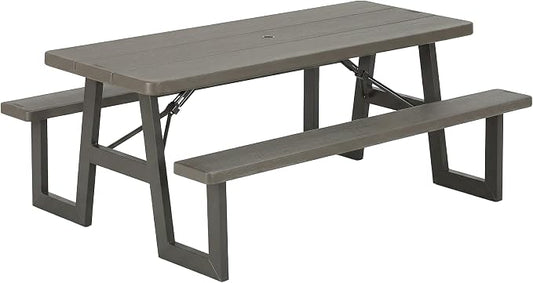 LIFETIME 6-Foot Folding Picnic Table with Benches, Seats 8, Heavy-Duty HDPE Tabletop, Steel Frame, Weather & UV Resistant Outdoor Picnic Table with Umbrella Hole