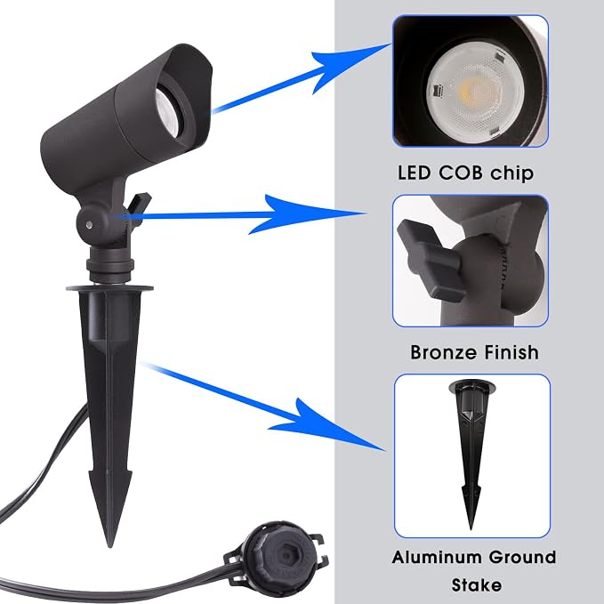 E ENERGETIC LIGHTING LED Landscape Lights with Connectors, 12V Low Voltage, Warm White 3000k, 4W, 175LM, Outdoor Waterproof Garden Pathway Lights Wall Tree Flag Spotlights with Spike Stand, 6 Pack