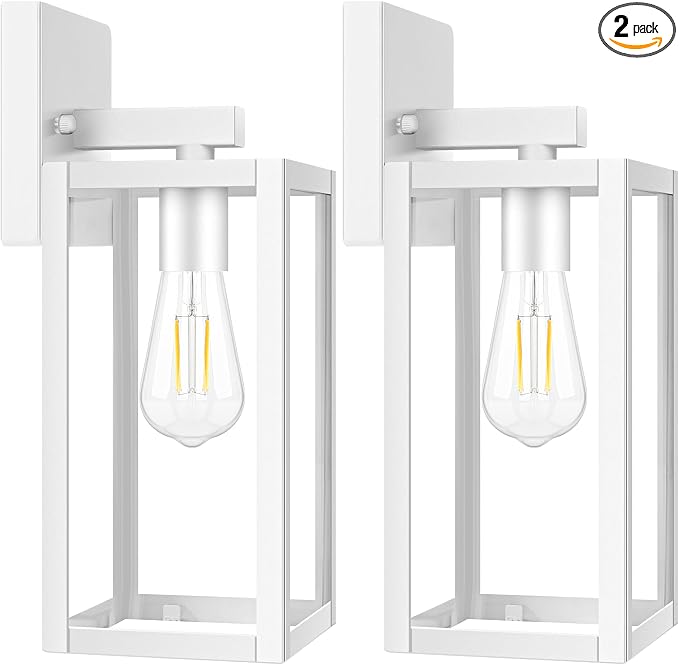 2-Pack Outdoor Wall Light Fixtures, Waterproof Anti-Rust Outside Wall Sconce Lantern with Clear Glass, Exterior Front Porch Lights for House Garage Doorway, Bulbs Not Included, White