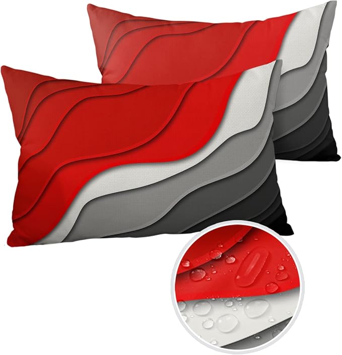 Funy Decor Waterproof Outdoor Throw Pillow Cover Red Modern Geometric Lumbar Pillowcases Set of 2 Grey Abstract Beach Decorative Patio Furniture Pillows for Couch Garden 20x12 inch x 2pcs