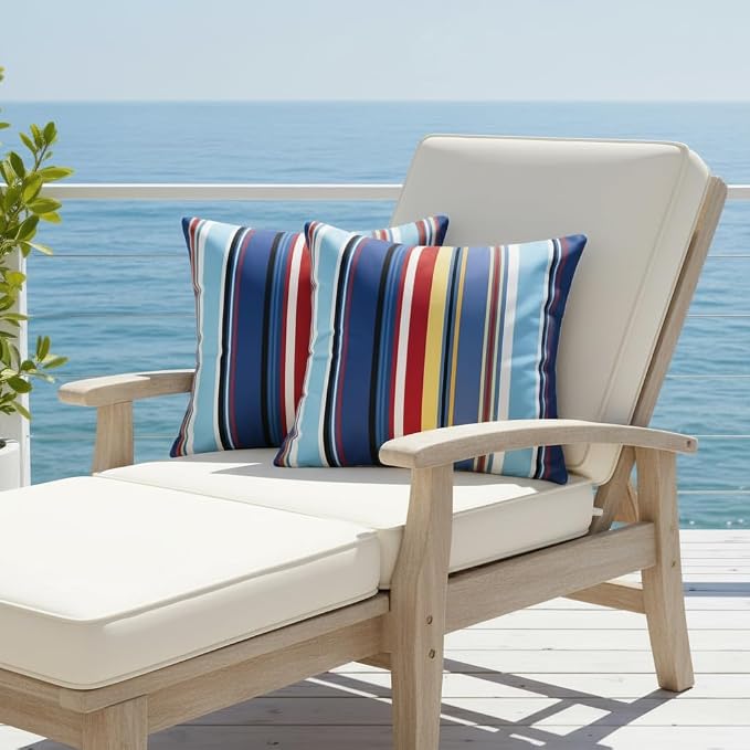 Pyonic Set of 2 Outdoor Pillow Covers 20x20 inch Waterproof Navy Nautical Striped Outdoor Pillow Covers Square Patio Pillows for Patio Tent Garden Beach