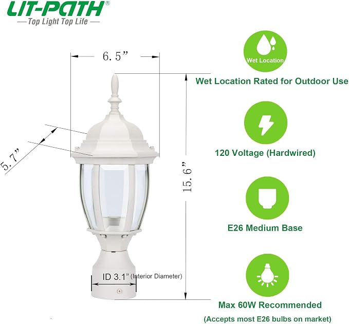 Outdoor Post Light, Rustproof Aluminum Pole Lamp, White | Exterior Lamp Post Light Fixture for Garden, Yard, Pathway, Waterproof, Glass, E26 Base, Max 60W, 2 Pack