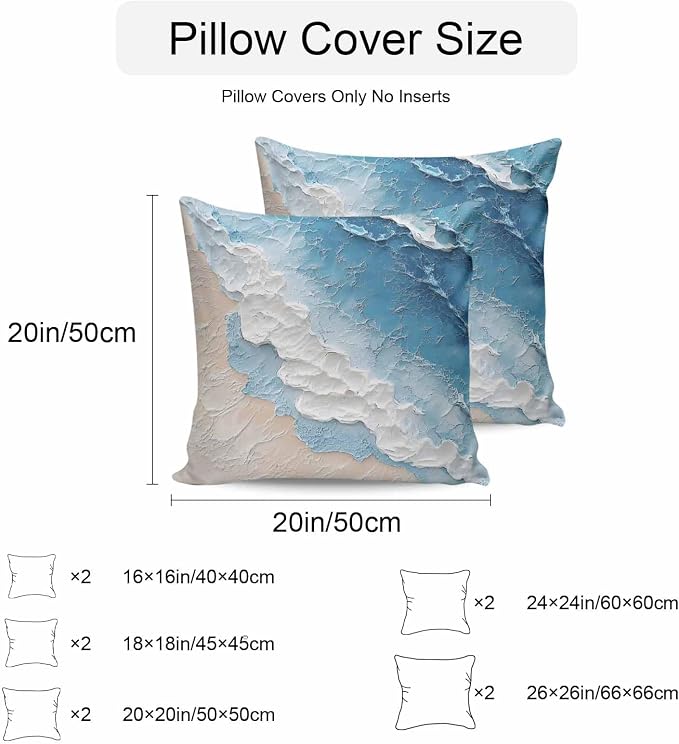 Summer Beach Theme Outdoor Pillow Covers 16x16in Pack of 2 Waterproof Pillowcase Watercolor Blue Ocean Wave Decorative Throw Cushion Case for Patio Couch Sofa