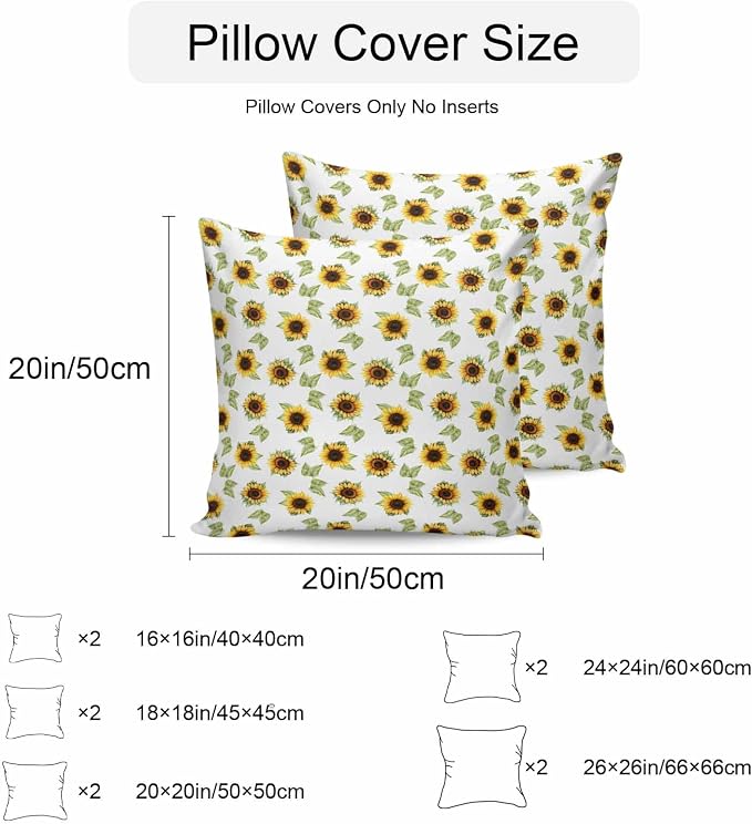 Sunflower Waterproof Outdoor Pillow Covers Set of 2 Home Decor, Yellow Green Botanical Farm Plant Leaves Pillowcase Patio Pillow Covers for Couch Bench Furniture Garden 16x16in
