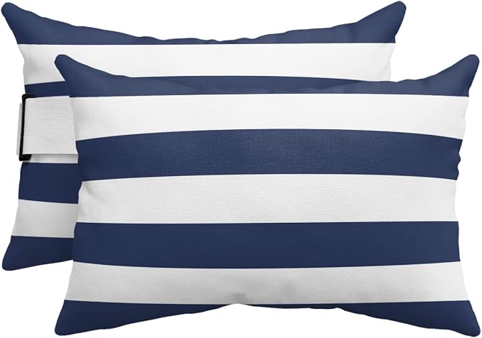 Navy and White Striped Outdoor Pillows with Insert Waterproof Classic Navy Blue White Patio Pillows with Adjustable Strap Decorative Head Recliner Lounger Chair Throw for Patio Furnitures, 2 Pack