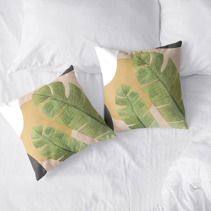 Tropical Green Leaves Throw Pillow Covers Summer Plant Couch Cover Brown and White Pillow Cases 16x16 Inch Set of 2 Cotton Blend Farmhouse Decor for Chair Bed Car