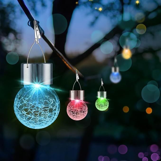 12 Pack Hanging Solar Lights Outdoor Decorative, Waterproof Solar Globe Lantern with Handle and Clip, Solar Powered Cracked Glass Ball Lights for Garden Yard Patio, Fence Tree Umbrella, Holiday Décor
