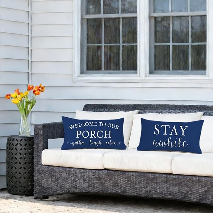 RABUSOFA Welcome to Our Porch Decor Outdoor Pillow Covers Waterproof,12x20 Set of 2 Blue and Cream Stay Awhile Relax Lumbar Cushion Case Decorations for Patio Couch (Blue)