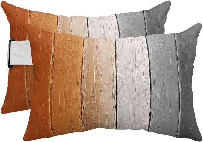 Burnt Orange Gray Ombre Outdoor Pillows for Chaise Lounge Chair Beach Headrest Pillow Set of 2 Waterproof Lumbar Pillows with InsertVintage Farmhouse Wooden Recliner Neck Pillow for Patio Pool 11"x16"