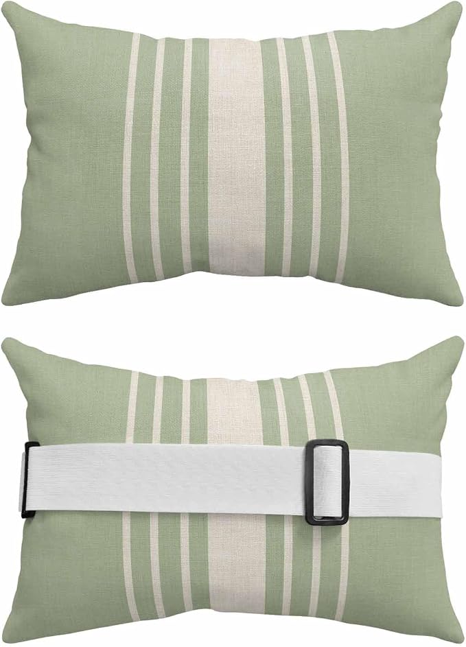 Pack of 4 Outdoor Lumbar Pillow Covers 12x20 Inch, Sage Green Beige Striped Waterproof Throw Pillow Covers Set, Modern Farmhouse Retro Lines Indoor&Outdoor Cushion Cases for Patio Porch Beach