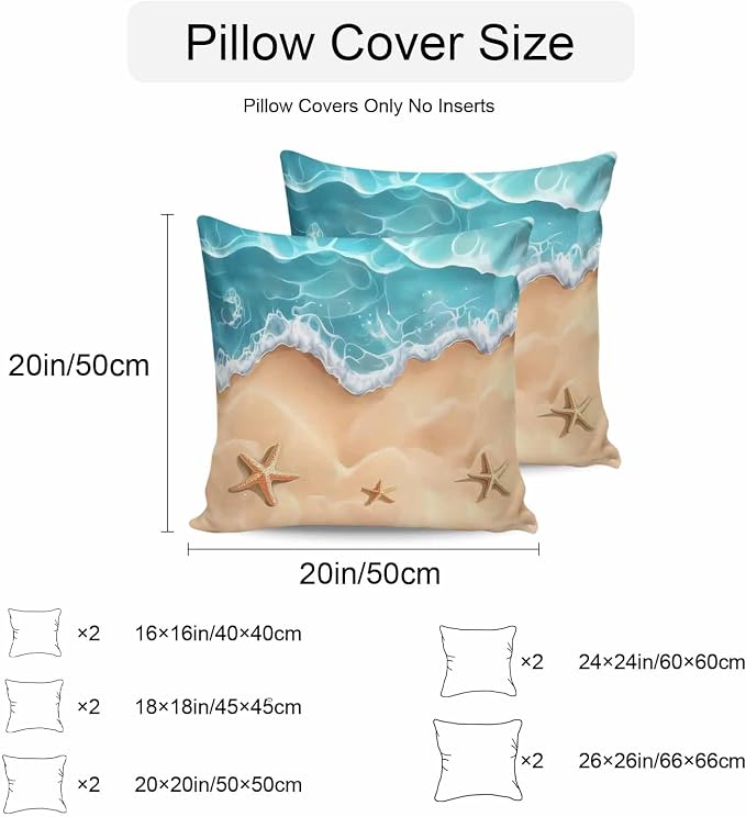 Ocean Beach Waterproof Outdoor Pillow Covers Set of 2 Home Decor, Starfish Sea Waves Coastal Seaside Sand Pillowcase Patio Pillow Covers for Couch Bench Furniture Garden 18x18in