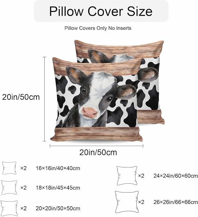 Cow Printed Outdoor Pillow Covers 26x26 Inch Throw Pillow Covers Set of 2 Waterproof Decorative Pillow Cases Farmhouse Watercolor Country Wooden Grain Cushion Covers for Patio Furniture Garden Couch