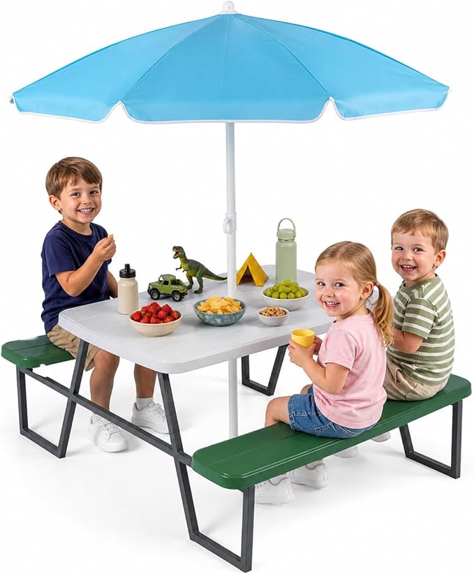 HONEY JOY Kids Picnic Table, 4 Person Toddler Outdoor Table and Chair Set, Built-in Benches, Removable Umbrella, Metal Frame & HDPE Top, Children Outdoor Furniture for Backyard Patio Garden (Green)