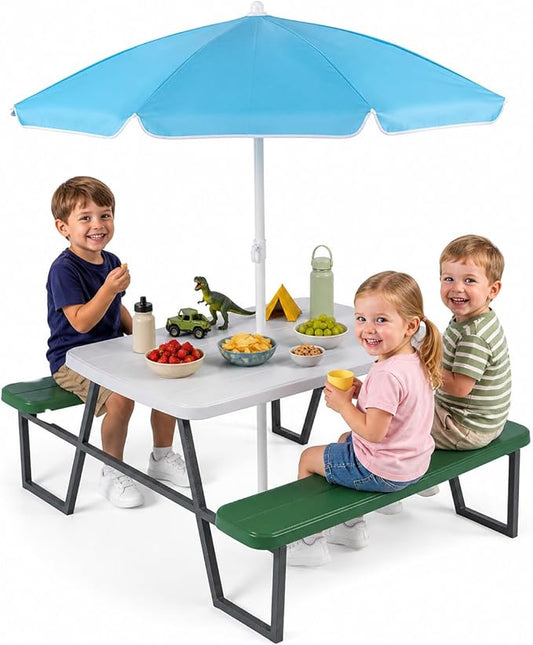HONEY JOY Kids Picnic Table, 4 Person Toddler Outdoor Table and Chair Set, Built-in Benches, Removable Umbrella, Metal Frame & HDPE Top, Children Outdoor Furniture for Backyard Patio Garden (Green)