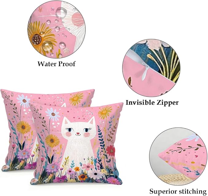 18x18 Inch Outdoor Pillow Covers Set of 2 Waterproof Throw Pillow Covers Decorative Couch Cushion Covers Pink Cat Garden Flowers Square Pillowcases Protectors for Patio Garden Sofa