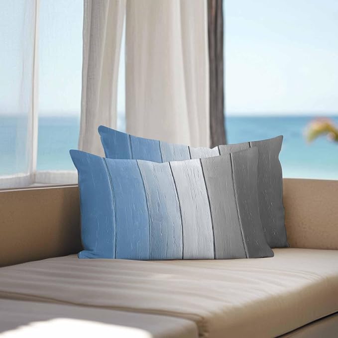 Lumbar Pillow Covers 20x12 Inch Set of 2, Blue Gray Ombre Waterproof Outdoor Cushion Covers, Vintage Country Wooden Decorative Pillowcases for Couch, Sofa, Bed, Garden, Patio