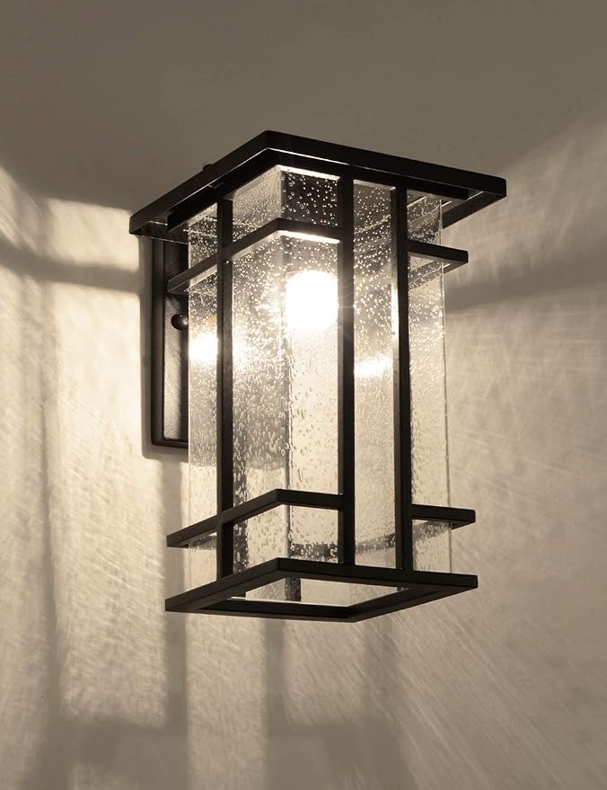 Rustic Dusk to Dawn Outdoor Wall Light Fixture 13.8"H Waterproof Exterior Wall Sconces Black Metal with Seeded Glass Sensor Outdoor Wall Lantern for House Patio Porch,Entryway,Garage Wall Lamps