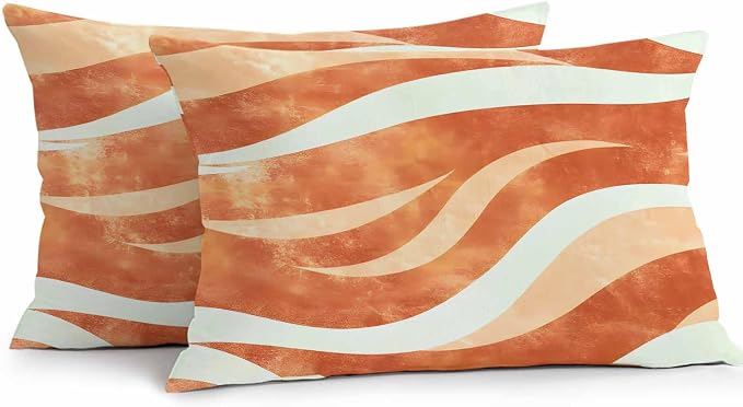 Burnt Orange Waves Waterproof Outdoor Pillow Covers Set of 2 Home Decor, Ombre Sea Ripples Shabby Beach Pillowcase Patio Pillow Covers for Couch Bench Furniture Garden 20x12in