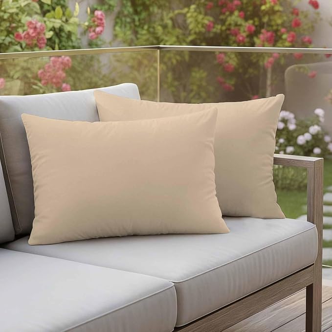Lumbar Pillow Covers 12 x 20 Inches, Khaki Solid Color Waterproof Throw Pillow Cover Set of 2, Aesthetics Contemporary Luxury Decorative Rectangle Cushion Covers for Patio/Couch/Garden