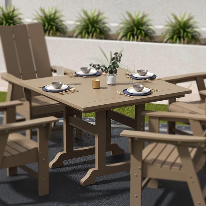 WestinTrends Malibu Outdoor Dining Table, All Weather Poly Lumber Adirondack 43" Trestle Square Patio Table with Umbrella Hole, Weathered Wood