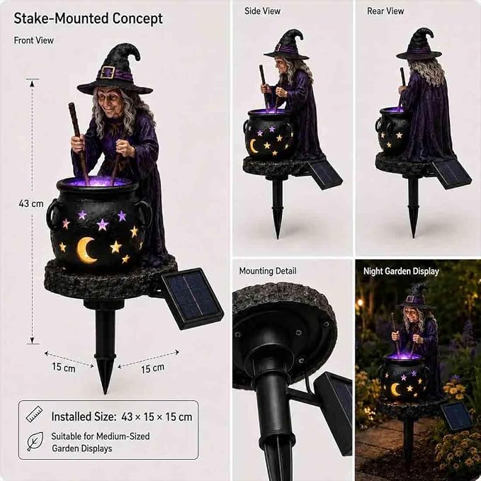 Solar Witch & Glowing Cauldron Halloween Garden Light ，2pc | Solar-powered Halloween Solar Light with glowing cauldron, automatic dusk lighting for garden, porch and pathway décor.