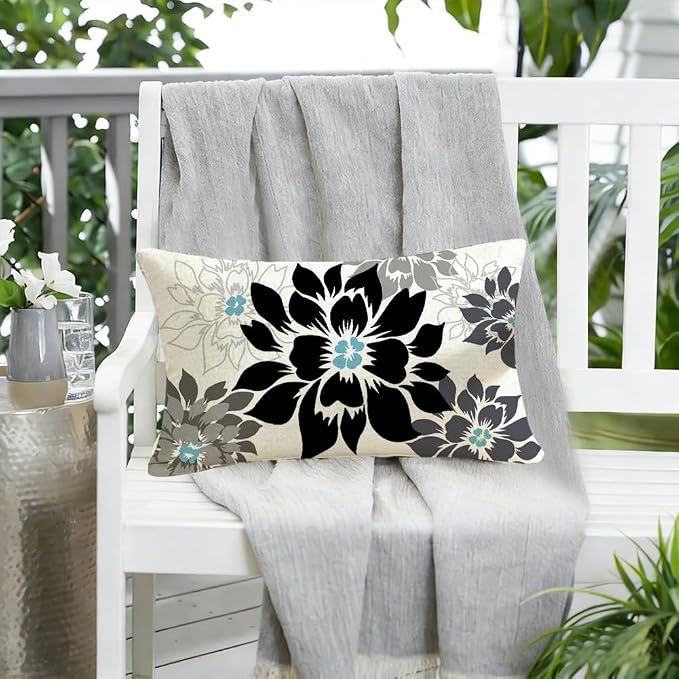 Waterproof Black and Gray Dahlia Floral Outdoor Pillow Covers 12x20 Inch, Decorative Spring Summer Cushion Cases for Living Room Sofa Patio Garden Porch