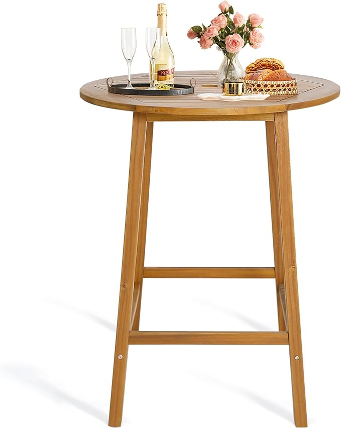 HAPPYGRILL 31.5” Round Bar Table, Bar Height Table with Umbrella Hole & Slatted Tabletop, Acacia Wood Patio Bistro Table, Side Table for Indoors Outdoors