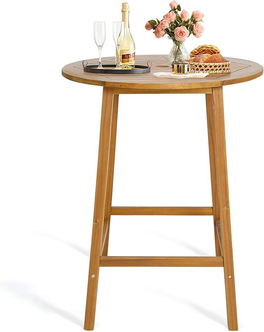 HAPPYGRILL 31.5” Round Bar Table, Bar Height Table with Umbrella Hole & Slatted Tabletop, Acacia Wood Patio Bistro Table, Side Table for Indoors Outdoors