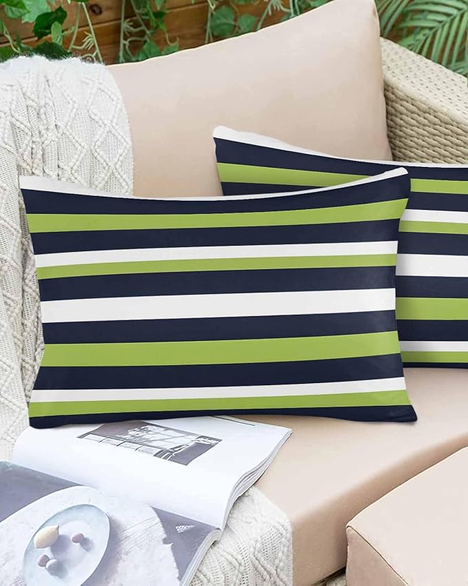 Pack of 2 Blue Green White Stripes Outdoor Pillow Waterproof Covers 20x12 inch, Classic Geometric Polyester Throw Pillow Covers Garden Cushion Decorative Case for Patio Couch Decoration
