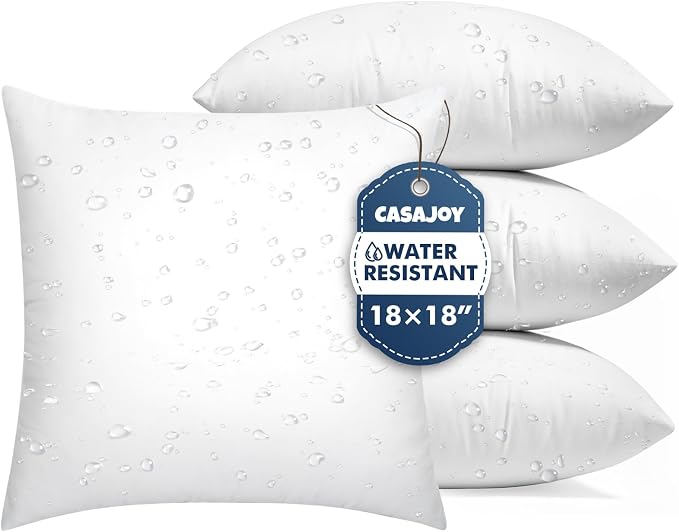 Set of 4 18x18 Outdoor Pillows, Water Resistant Throw Pillow Insert | Square Waterproof Pillows, Decorative Pillow for Patio & Couch, Fluffy & Supportive, Convenient Zipper Design
