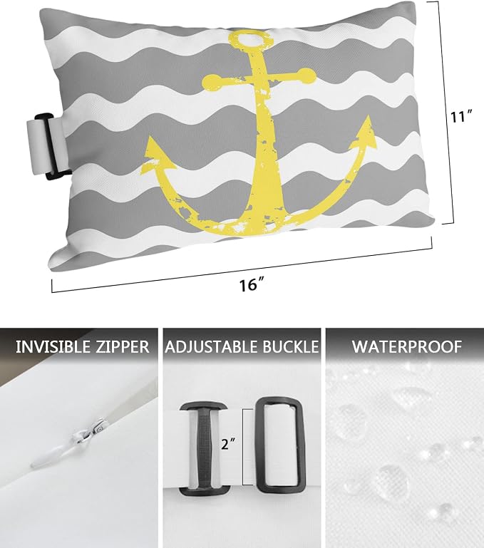 Prime Leader Recliner Head Pillow Lounge Chair Pillows with Insert Yellow Nautical Anchor Grey Wavy Stripes Lumbar Pillow with Adjustable Strap Outdoor Waterproof Patio Pillows for Beach Pool, 2 PCS