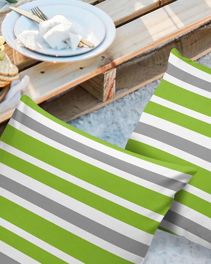 Outdoor Waterproof Throw Pillow Covers Set of 2 Grey Green Stripes Decorative Outdoor Pillows Cushion Case 24x24 Inch Classic Striped Patio Pillows for Couch Sofa Bed Garden Office Home Decor