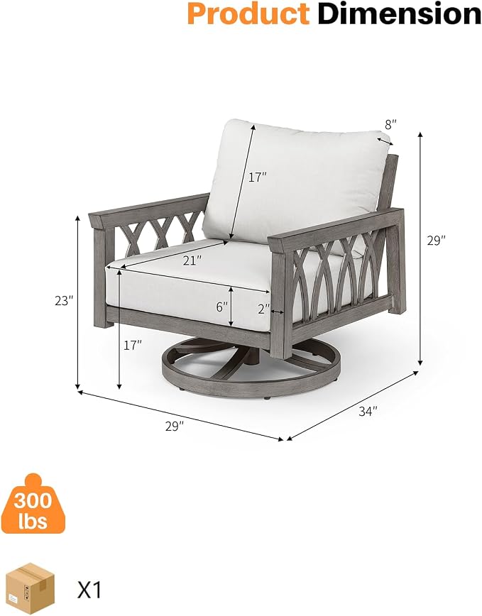 Aluminum Swivel Outdoor Armchair, Swivel Patio Sofa Chair with Thick Cushions, 360-Degree Rotating Aluminum Club Chair, Outdoor Rotation Chair Furniture for Deck, Porch, Garden, Limed Oak