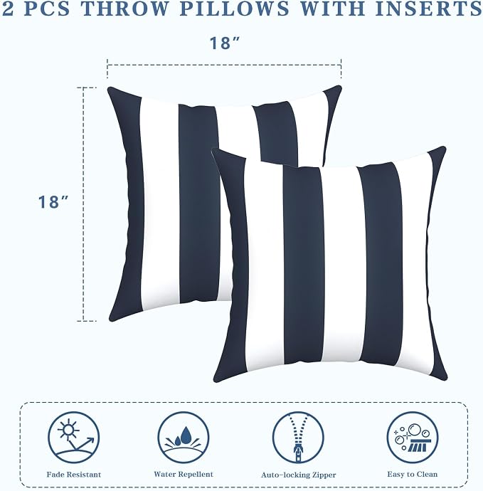 LVTXIII Outdoor/Indoor Throw Pillows, Decorative Throw Pillows with Inserts, 18”x18” Square Pillows for Bed, Couch, Sofa and Patio Furniture (Set of 2, Cabana Navy)