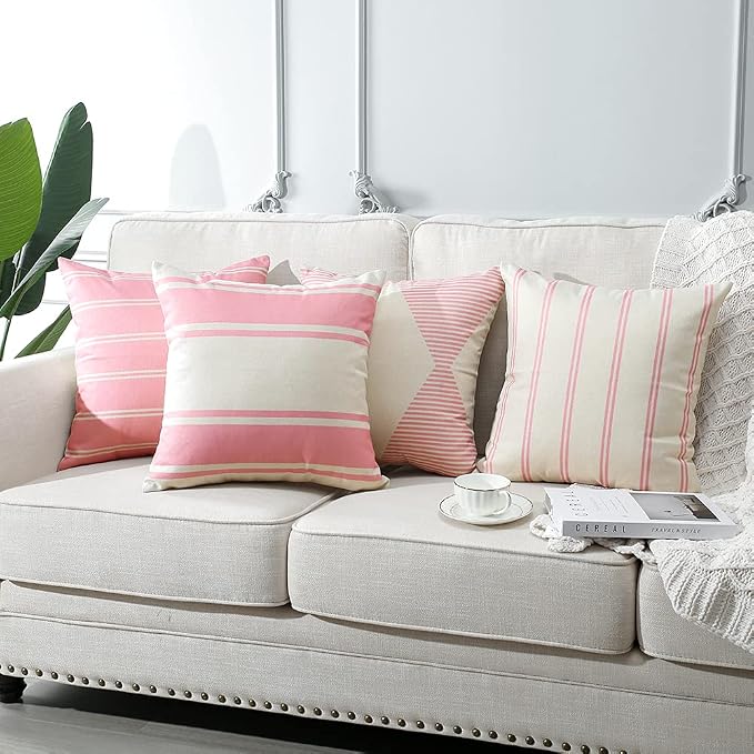 OTOSTAR Outdoor Waterproof Pillow Covers 18x18 Inch Geometry Decorative Throw Pillow Cases Square Modern Cushion Case Garden Throw Pillow Covers Pack of 4 Pillow Shell for Patio Furniture Couch (Pink)