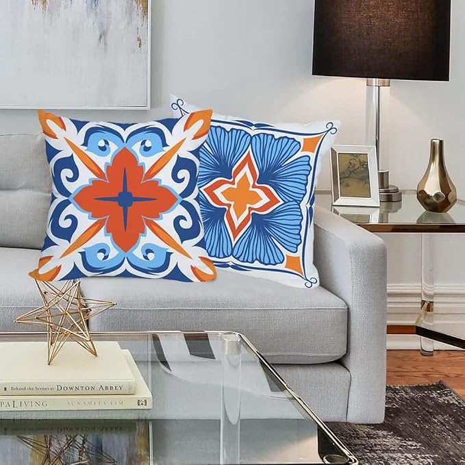 Outdoor Waterproof Throw Pillow Covers 18x18 inch Floral and Boho Style Decorative Pillow Covers Modern Geometric Pillowcase for Patio Funiture Garden Set of 4, Blue and Orange