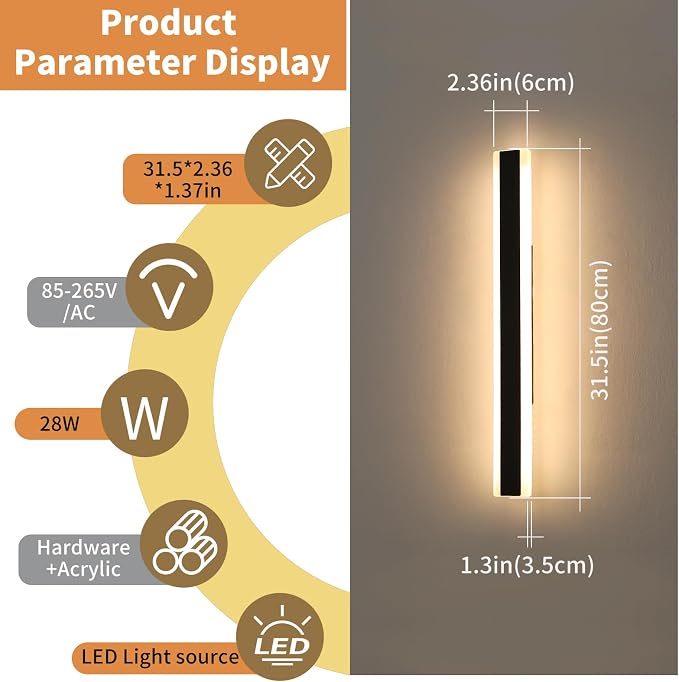 Outdoor Wall Sconces, 31.4inch Modern Wall Lights, 3 Lights Color 3000K/4500K/6000K, Acrylic Panel Exterior Porch Light, IP65 Waterproof, Large Minimalist Wall Lamp for Patio, Yard, Garage