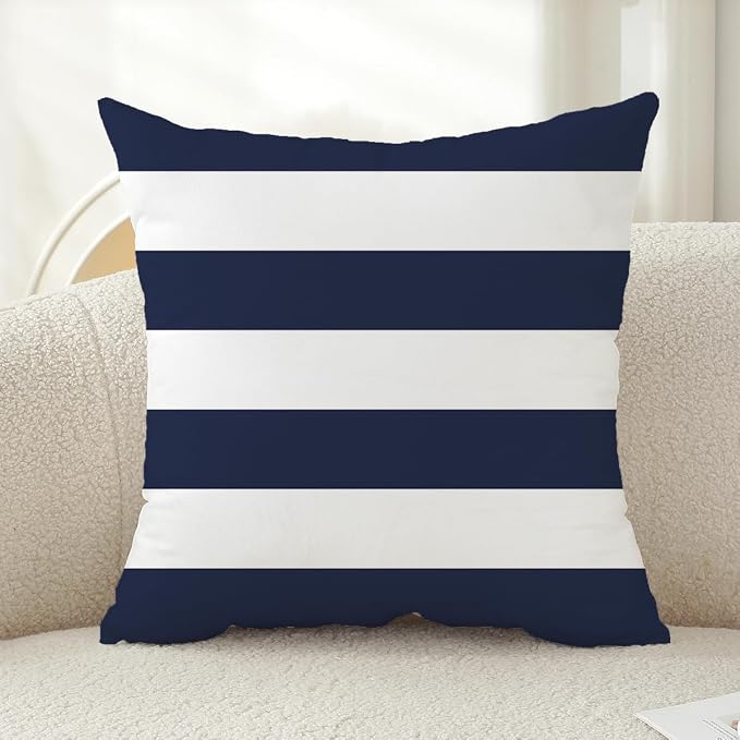 TAOSON Navy Blue Striped Outdoor Throw Pillow Covers 18x18 Inch,Set of 4 | White Striped Waterproof Decorative Cushion Cases for Patio, Garden, Balcony & Couch