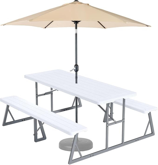 VINGLI Outdoor Picnic Table with 9 ft Umbrella, Wood Grain HDPE Top with Metal Frame Plastic Picnic Table for Dining Party Garden (White Table, Khaki Umbrella)