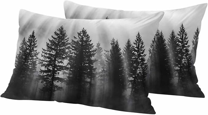 Black Forest Mist Scenery Outdoor Pillow Covers 20"x12" Set of 2, Nature Pine Trees Sunbeams Modern Waterproof Throw Pillow Covers for Patio Furniture, Decorative Cushion Covers for Porch