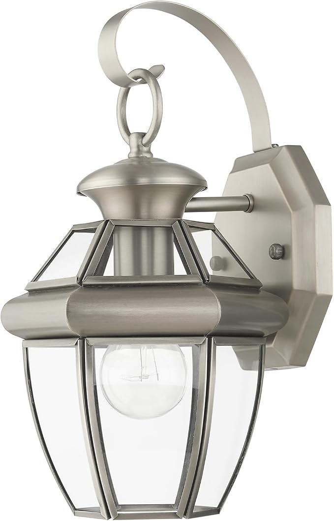 Livex Lighting 2051-91 Monterey 1 Light Outdoor Brushed Nickel Finish Solid Brass Wall Lantern with Clear Beveled Glass | Clear Beveled Glass; Solid brass construction