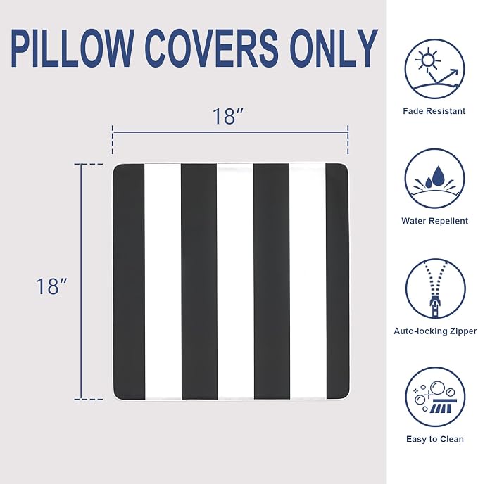 Outdoor Throw Pillow Covers Pack of 2, Decorative Water Repellent Square Pillow Cases with Piping 18x18 Inch, Cabana Black